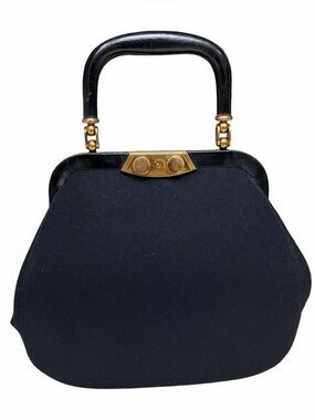 Vintage 1950s Crown Lewis Black Wool Top Handle Frame Handbag, Gold Tone Metal